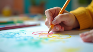 Hand holding pencil drawing colorful circles on a white paper