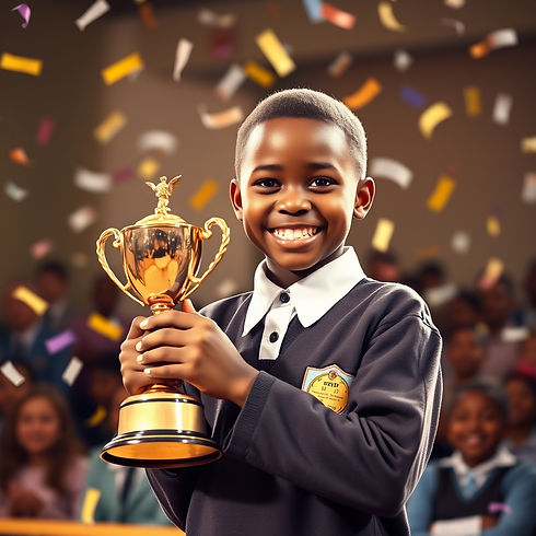A real human smiling African schoolchild aged about 10–12, proudly holding a trophy on sta