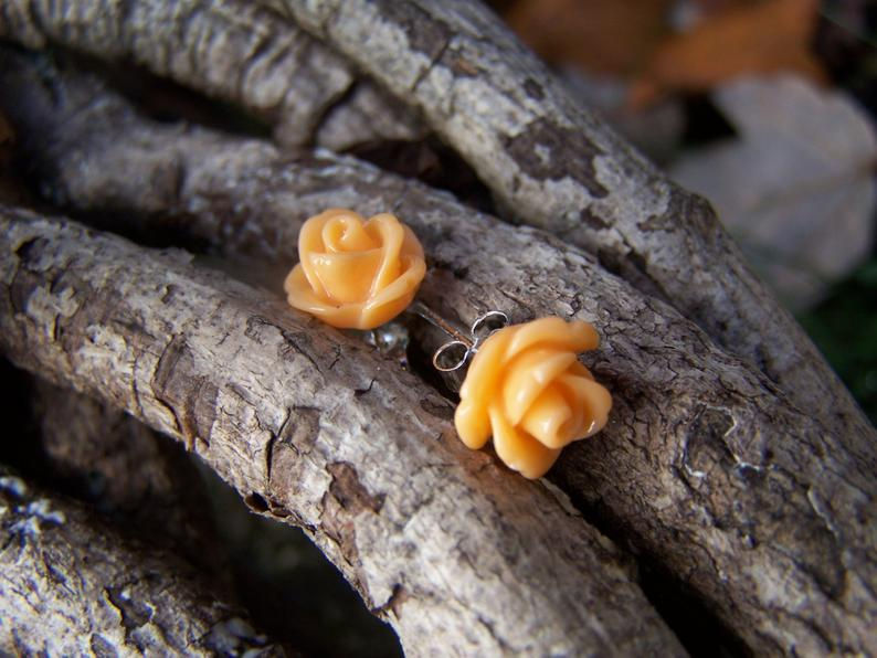 Thumbnail: Light Orange Rose with Sterling Silver Post Earrings