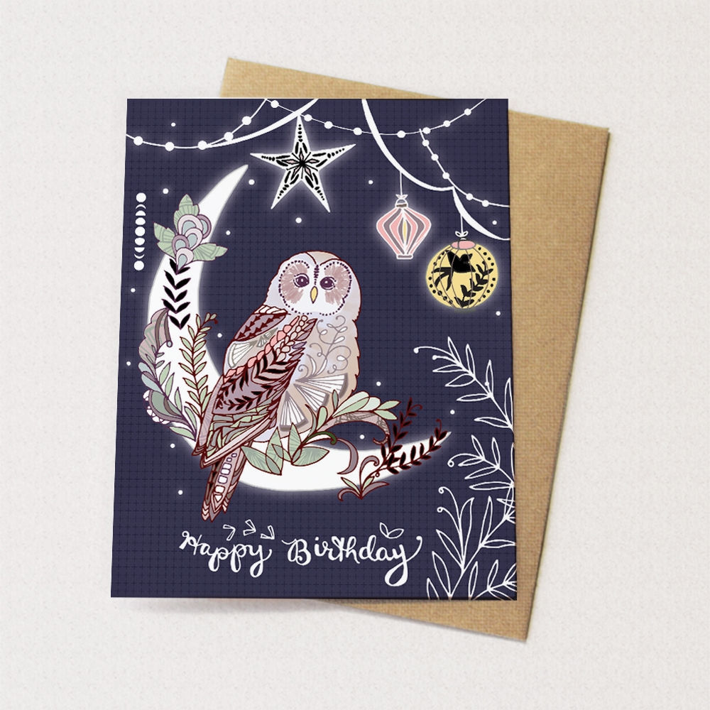 Lantern Owl Happy Birthday Card