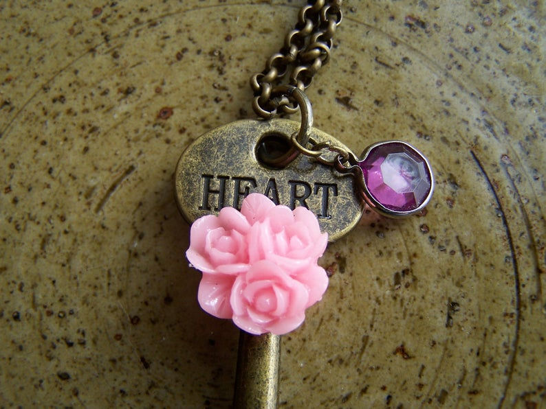 Thumbnail: Pink Rose Heart Key Necklace