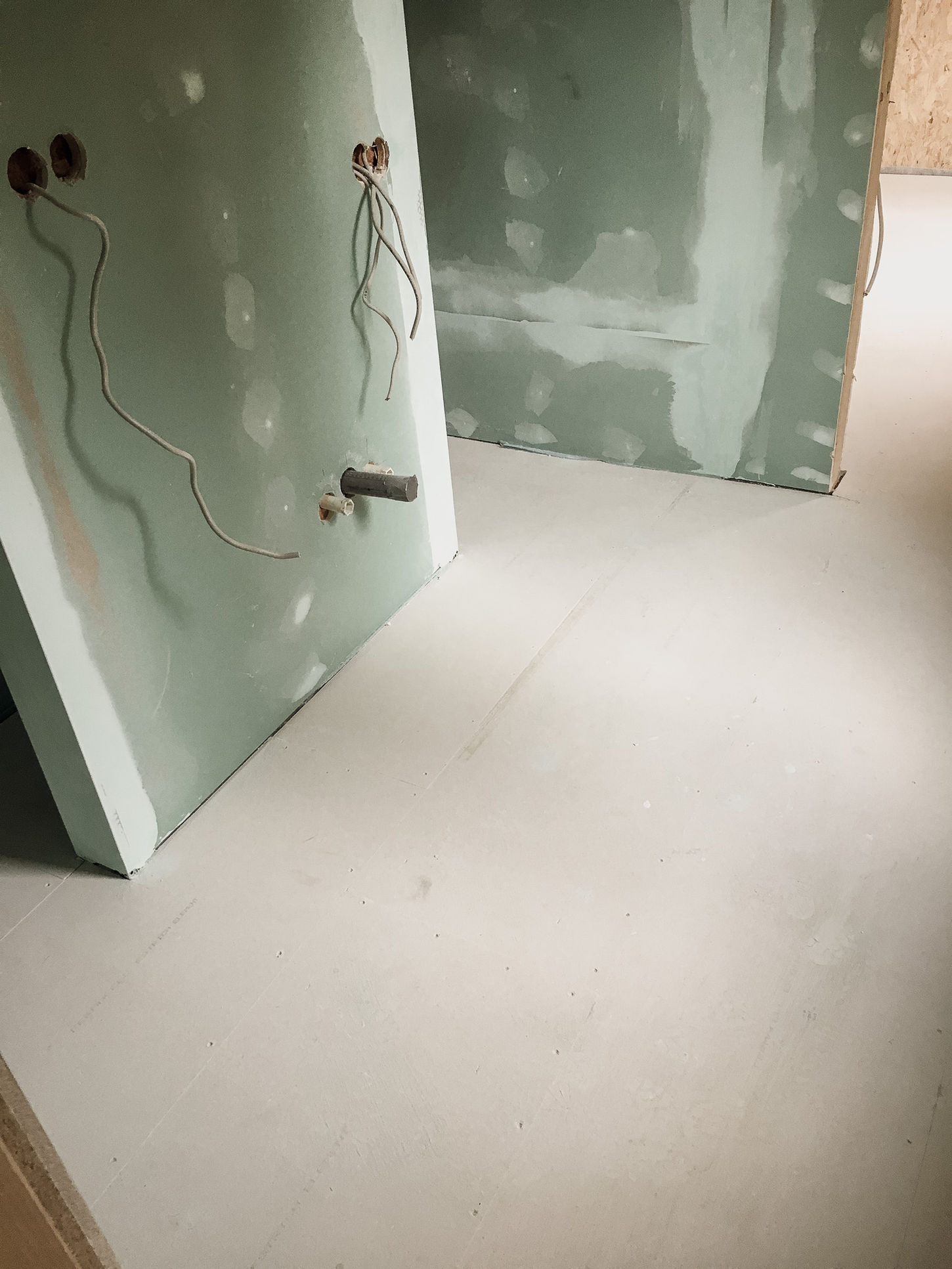 Ansicht während Renovierung und Sanierung, Fenster, Haustür Renovierung mit komplettem Innenausbau von einem Ferienhaus, Außenansicht, Fensterrahmen grün, olive, Wald, Sonnenschutz