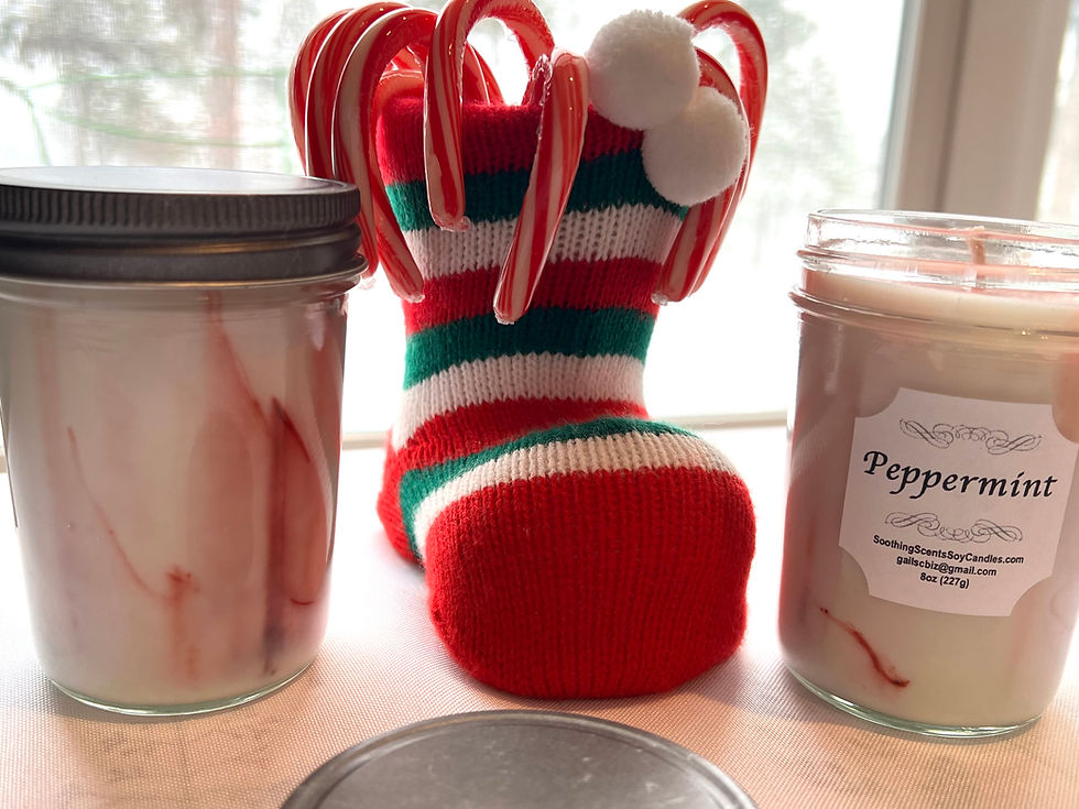 White/red Peppermint soy candle, 8oz Jelly Jar, Pewter Lid, white label shown near candy canes