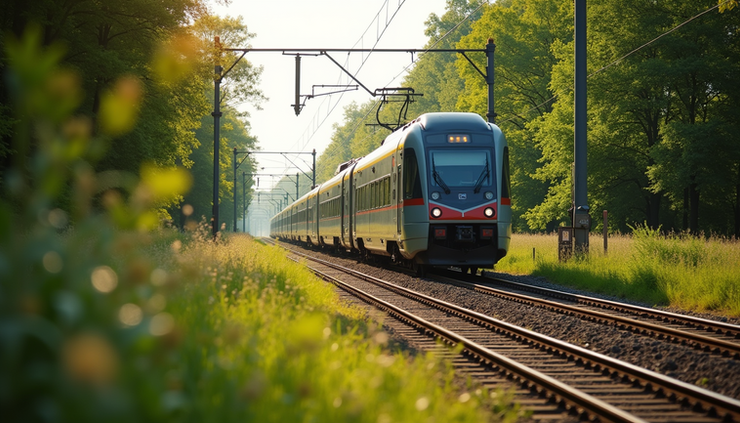 Overzicht van een elektrisch aangedreven trein op een spoorlijn omgeven door groene natuur