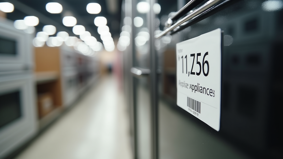 Close-up view of a home appliance price tag in a store