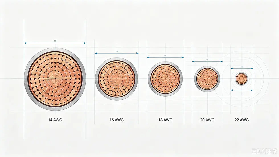 14 AWG through 22 AWG conductor diameter and cross-sectional area comparison