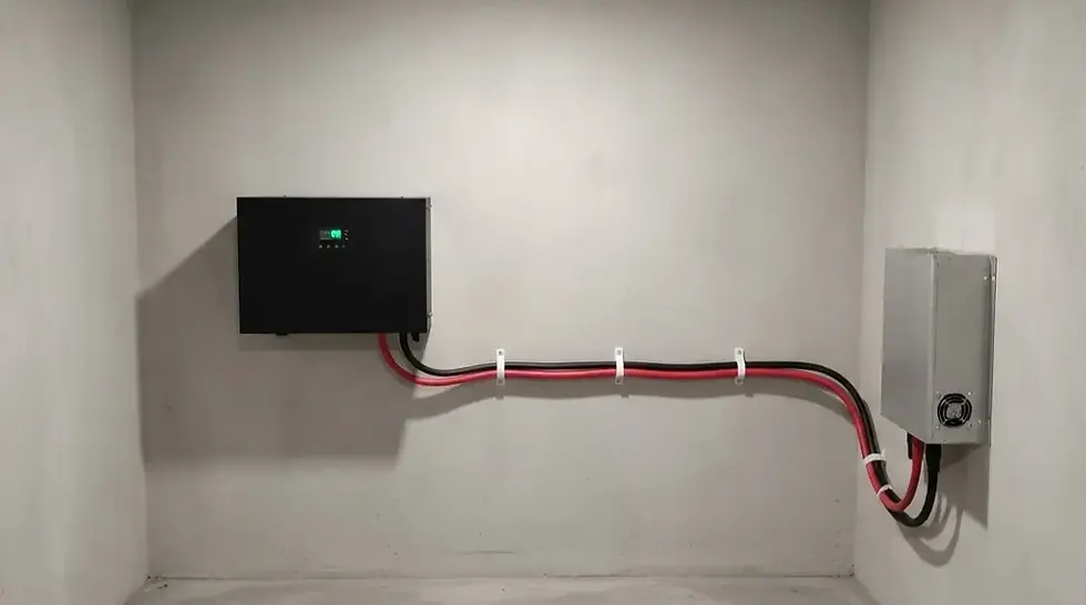 A wall-mounted battery box connected to a nearby inverter by a red and black cable pair, illustrating a real indoor DC power wiring setup.