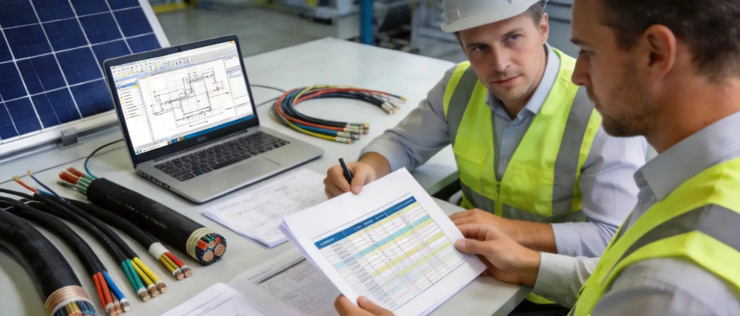 Electrical engineer reviewing 8 AWG wire specifications and cable documentation for procurement