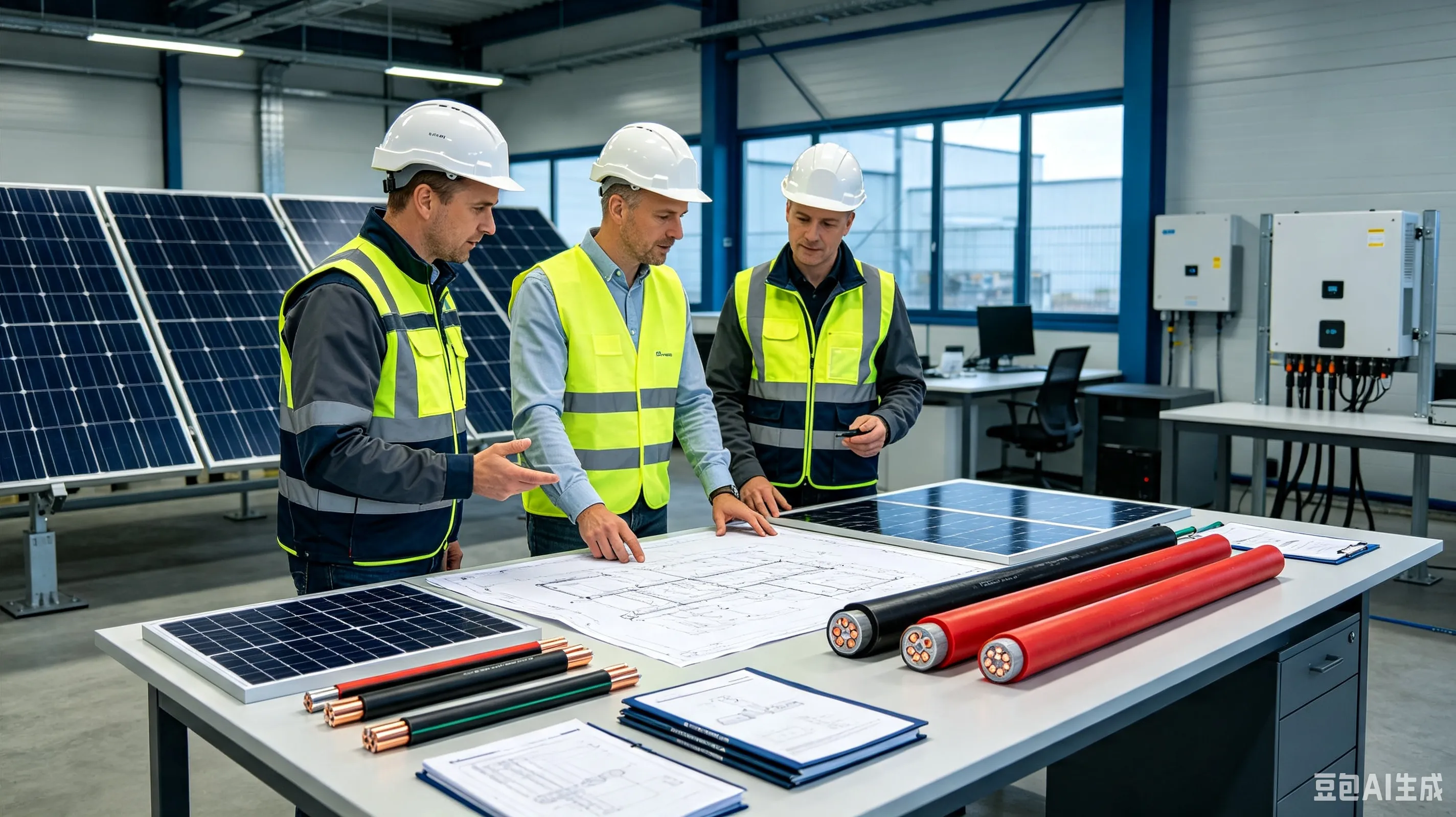 Engineers selecting solar cables to reduce voltage drop in PV systems