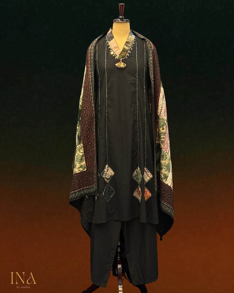 Heritage Black Cotton Salwar Suit with Patchwork