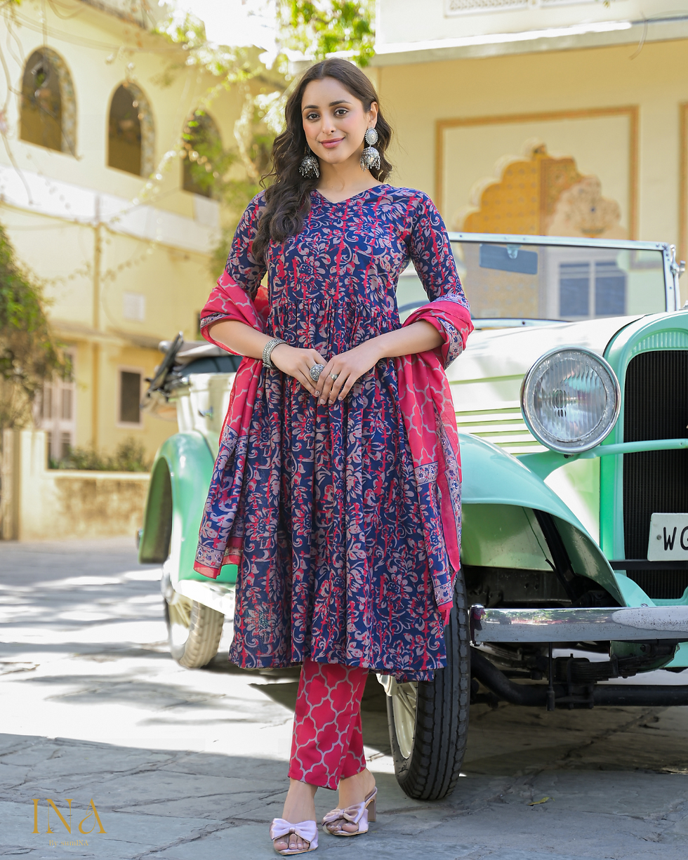 Navy Blue & Pink Floral Printed Anarkali Kurta Set with Dupatta