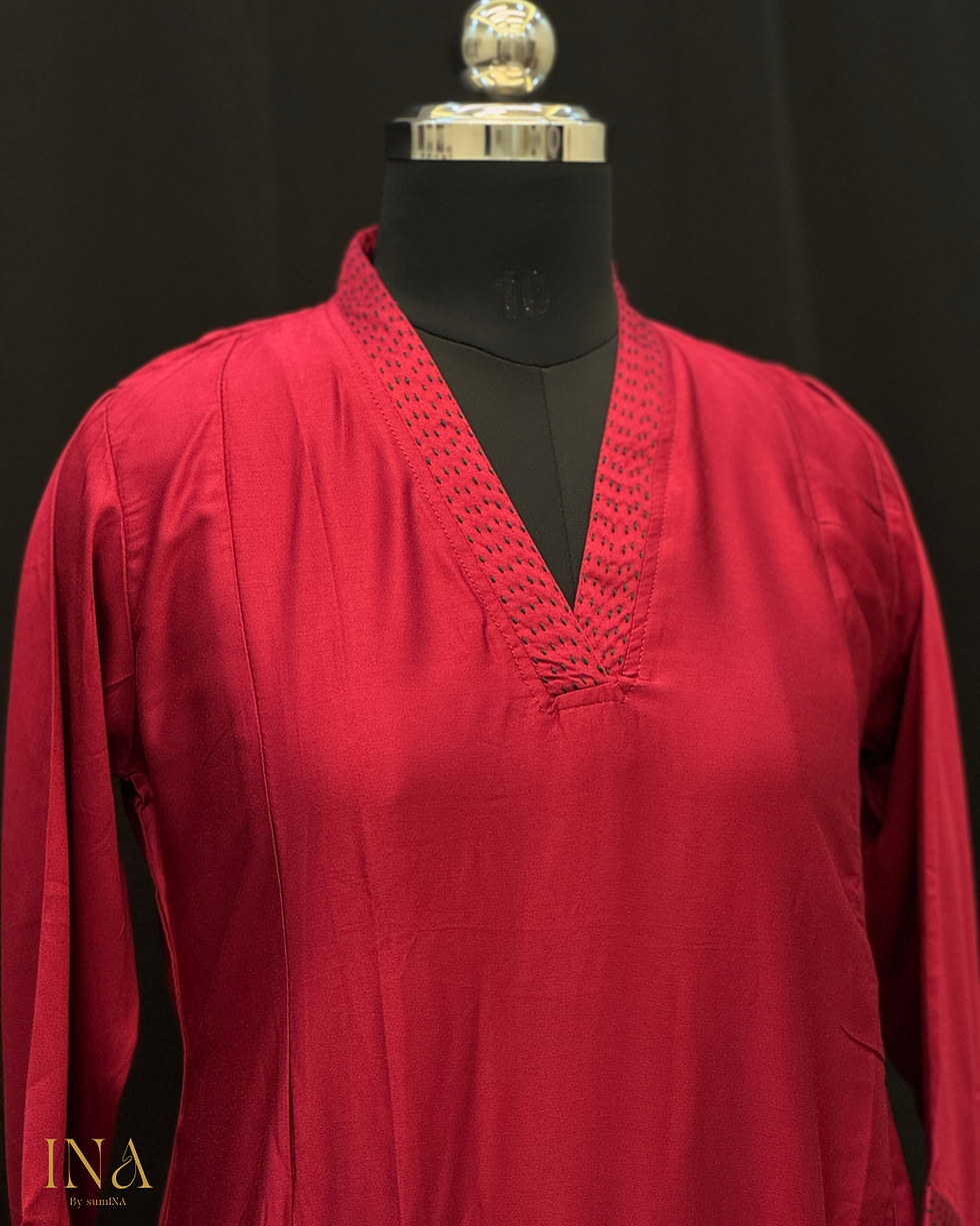 Thumbnail: Red Cotton Layered Kurta with Embroidered Lady Design