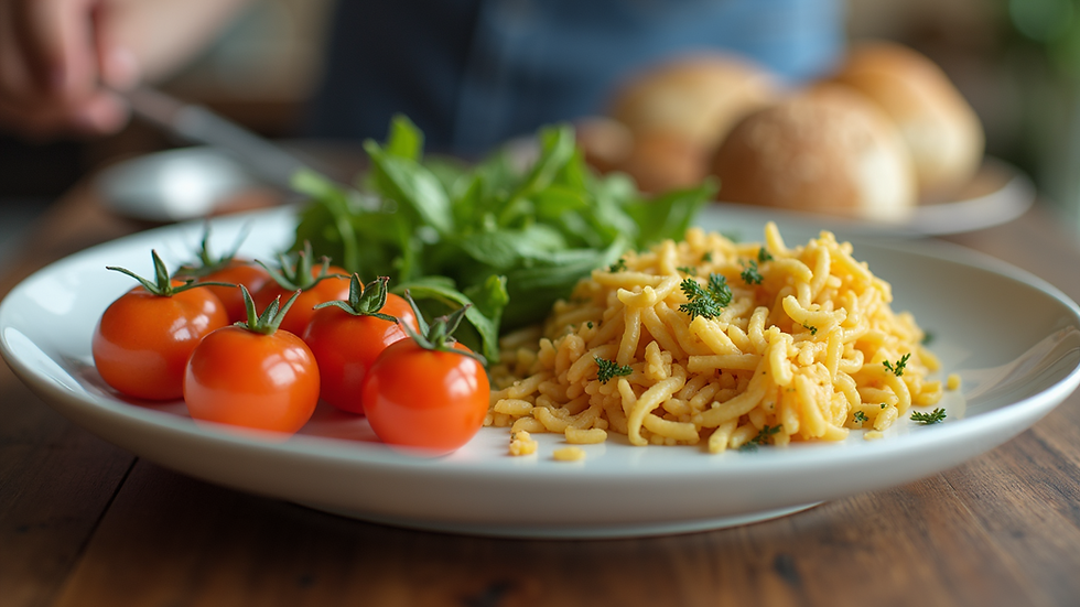 Eye-level view of a colorful plate with balanced healthy food portions