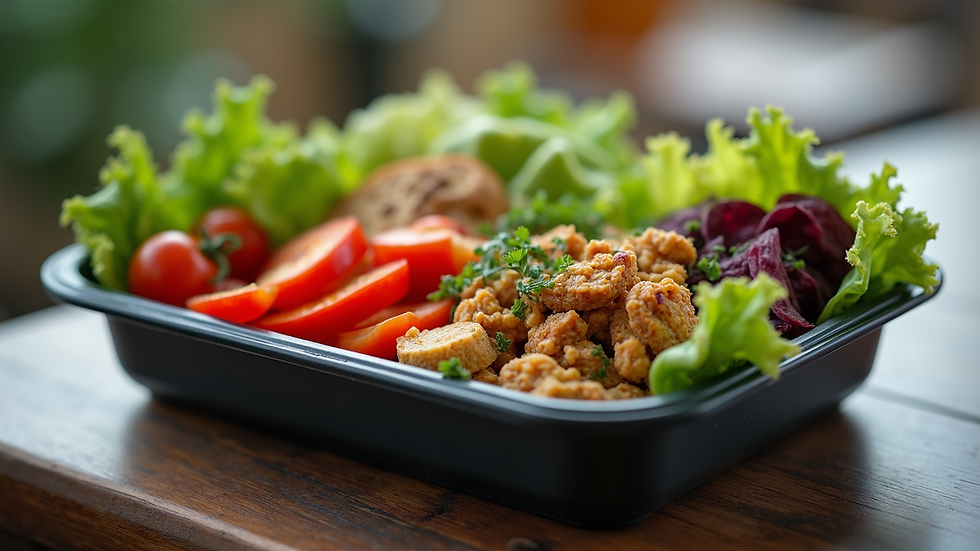 High angle view of a meal prep container with healthy food portions