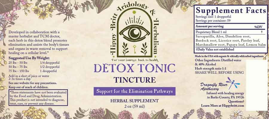 Thumbnail: Detox Tonic Tincture Label, Herbs include dandelion, burdock, licorice, and marshmallow root.