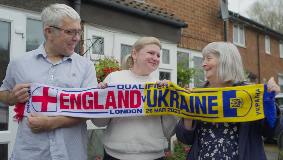 wholesome still shot of a Ukrainian refugee and her two hosts from swindon welcomes Ukraine charity film by create studios