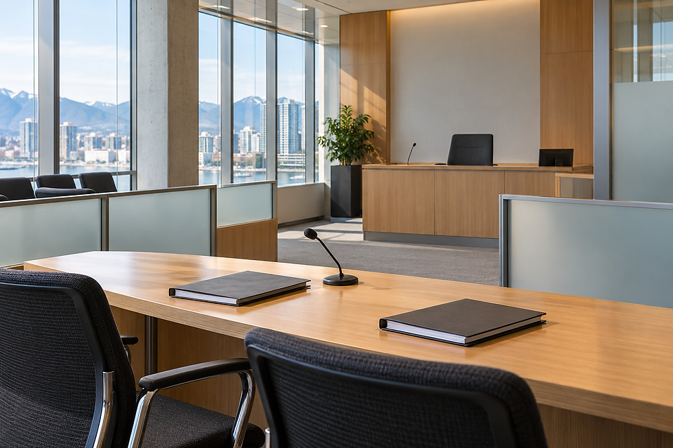 An empty administrative hearing room with counsel tables and document folders