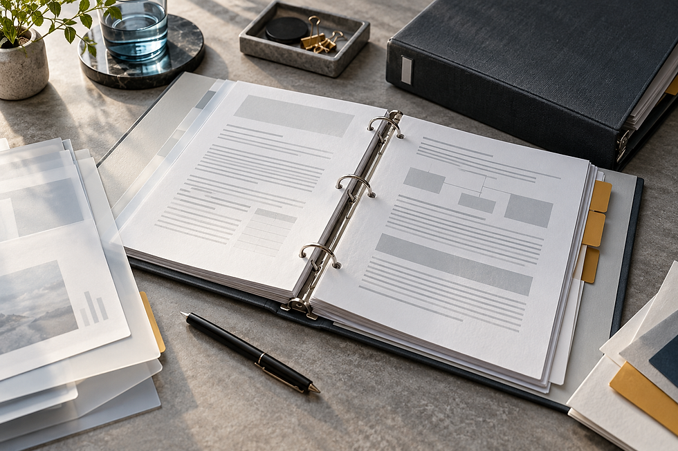 An open binder and tabbed documents arranged for a detailed evidence review