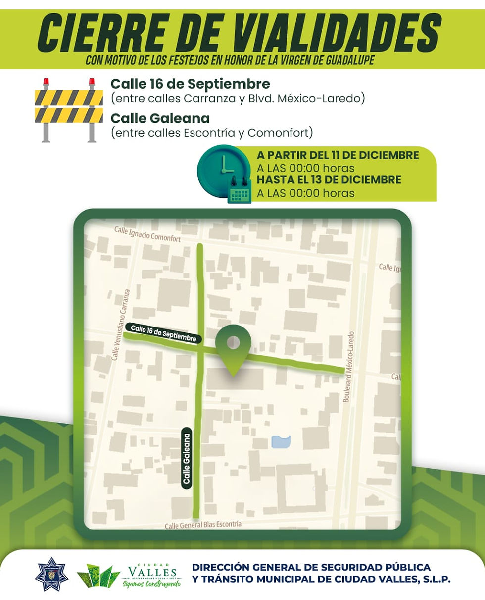 HABRÁ CIERRE DE VIALIDADES POR ACTIVIDADES EN HONOR A LA VIRGEN MARÍA