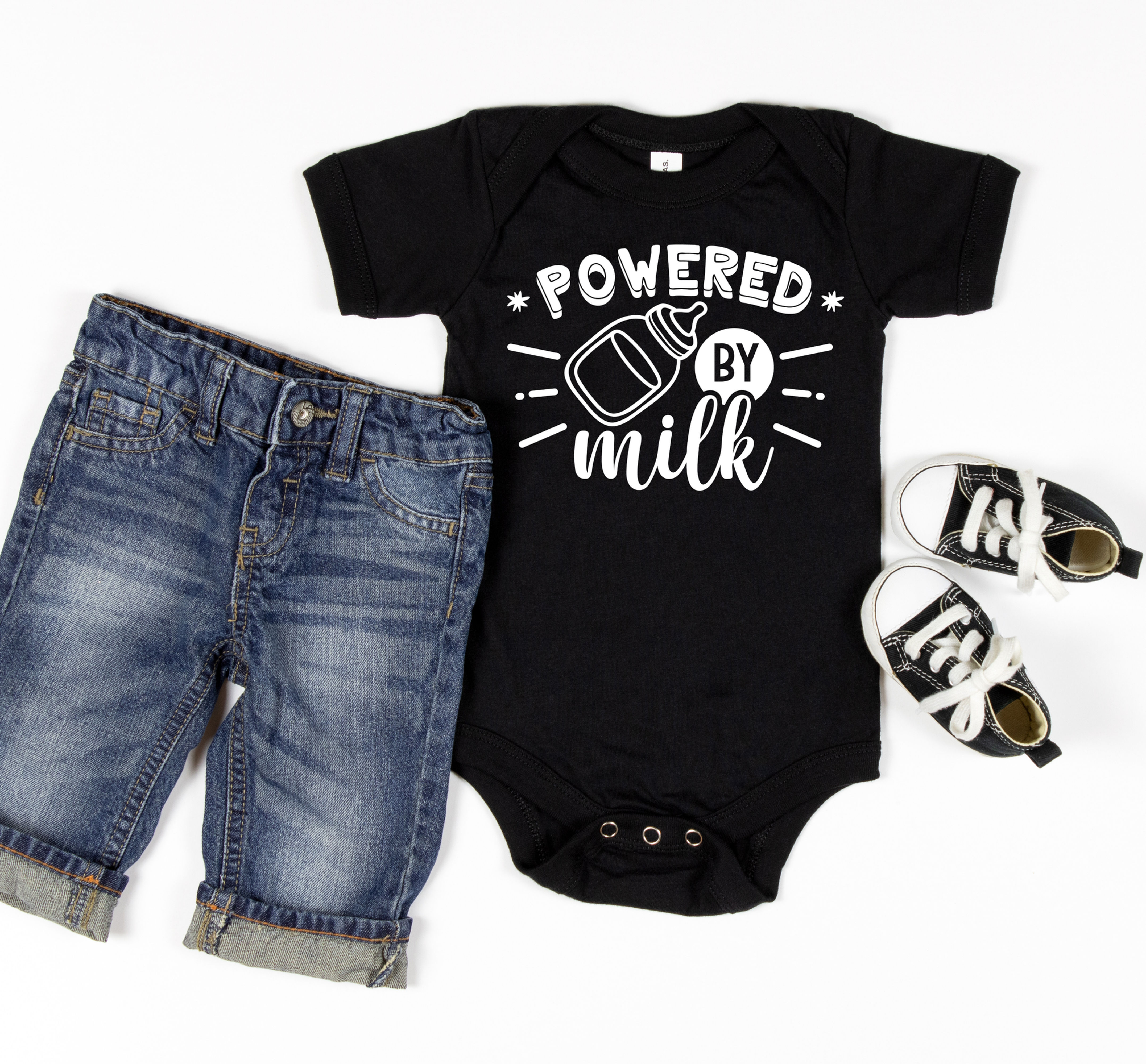 Powered by Milk Baby Onesie, customizable