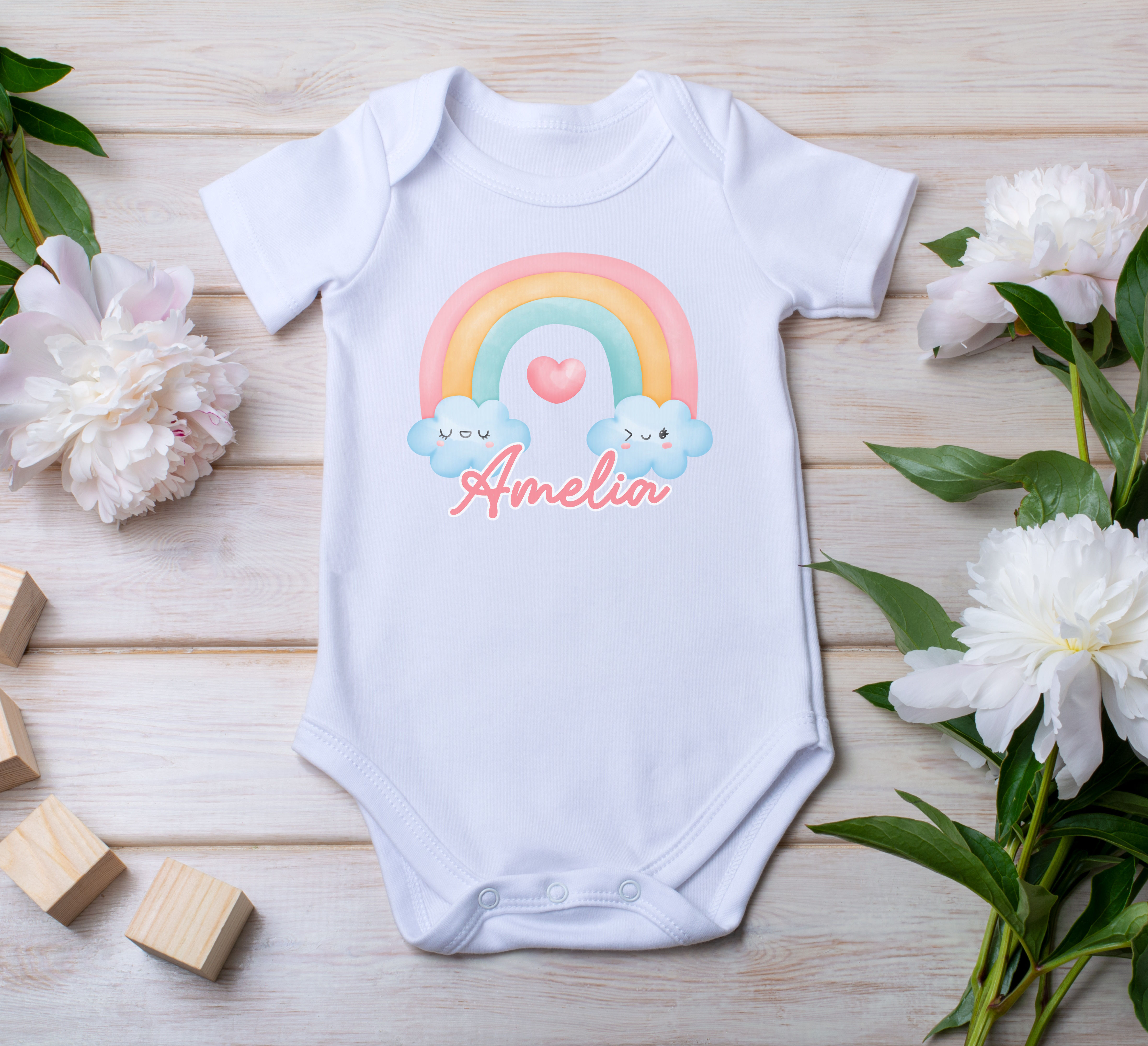 Rainbow Clouds Onesie, customizable