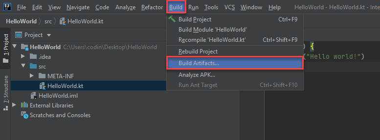 The user selecting to build the artifact with the Build Artifacts... button
