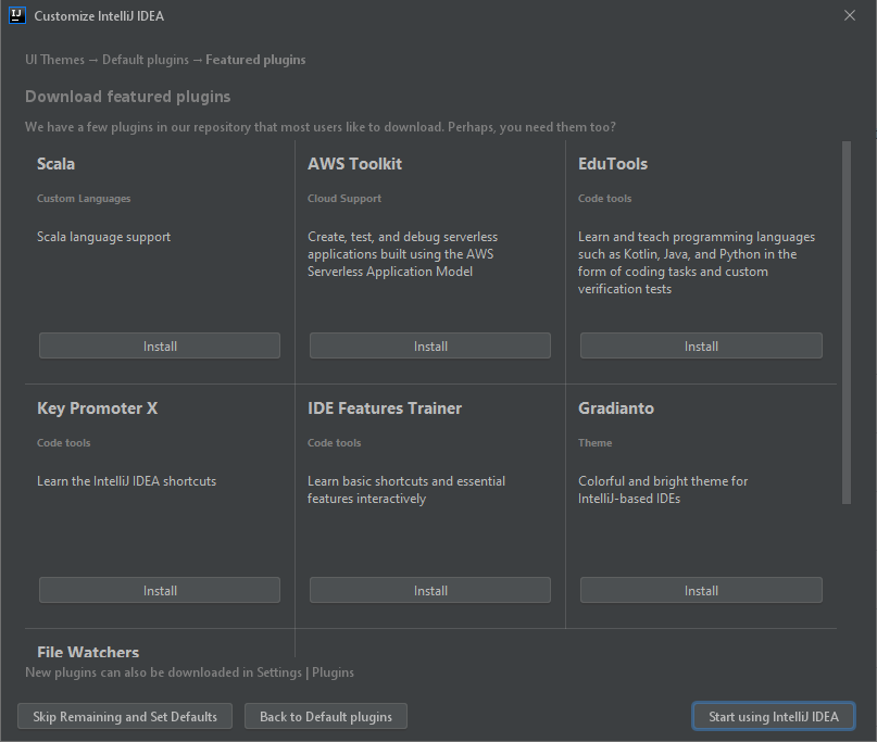 A list of available featured plugins to install in the IntelliJ IDEA installer