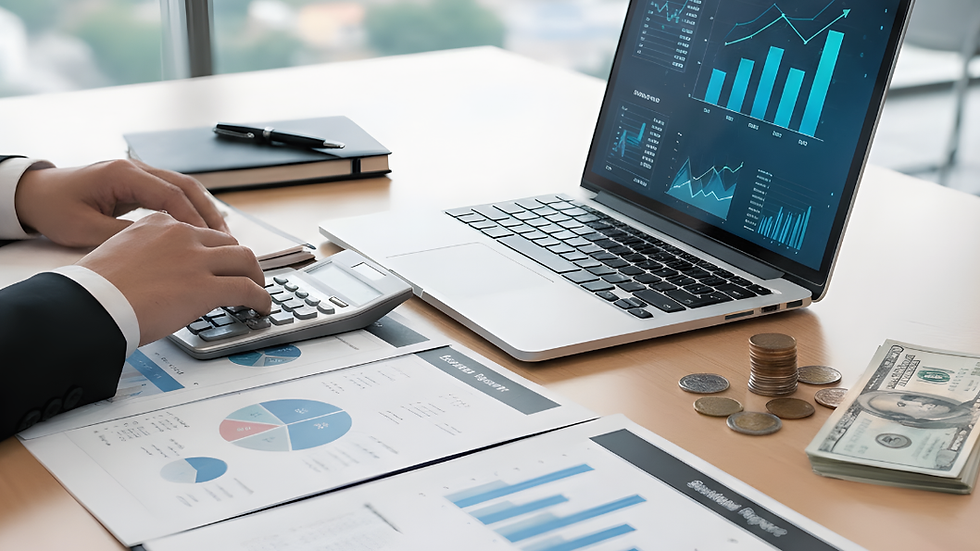 a person hand in a calculator which is on top of a table with paper, money, notebook, laptop doing strategy to Scale a Business