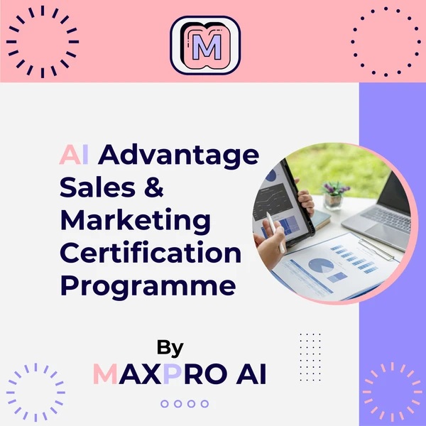 A professional analysis of AI-driven sales and marketing data on a laptop, surrounded by graphs and charts, emphasising the transformative impact of AI in these fields. The highlight is the importance of joining the AI Advantage Sales & Marketing Certification Programme to gain valuable insights and skills for optimising strategies and achieving a competitive edge in the market.