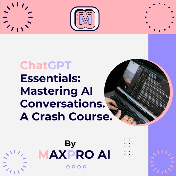 A laptop displaying ChatGPT interface and conversation examples, illustrating the use of AI for dynamic and effective communication. The image highlights the importance of joining the ChatGPT Essentials Crash Course to quickly master the art of AI-driven conversations and enhance interactions with conversational AI.