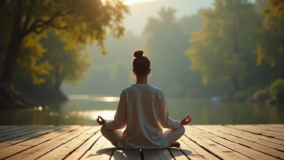 Eye-level view of a person meditating in a serene environment