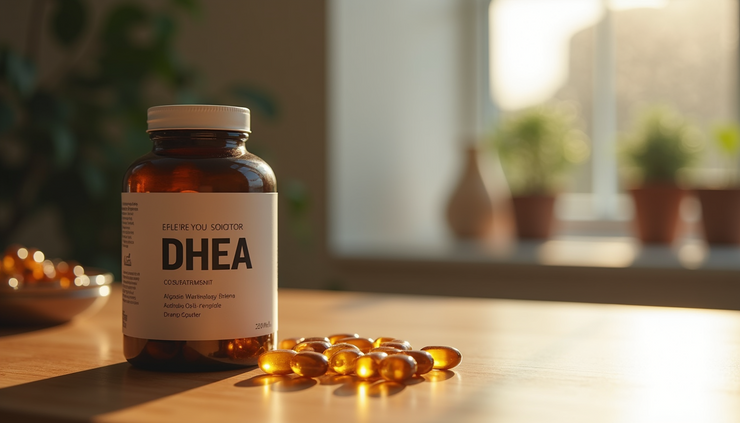 Close-up view of a bottle of DHEA supplements on a wooden table