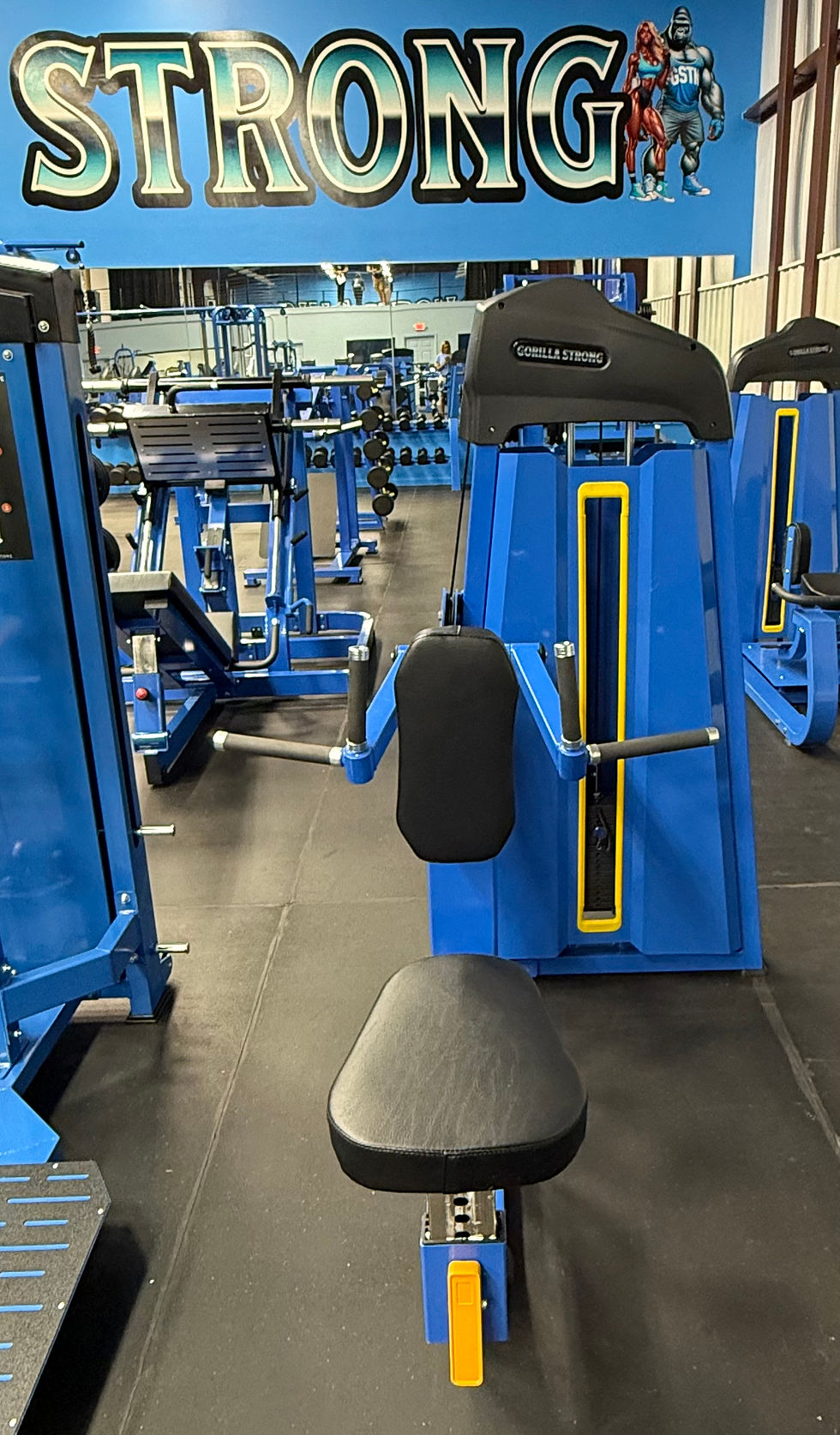 Close-up view of a dumbbell resting on a gym bench