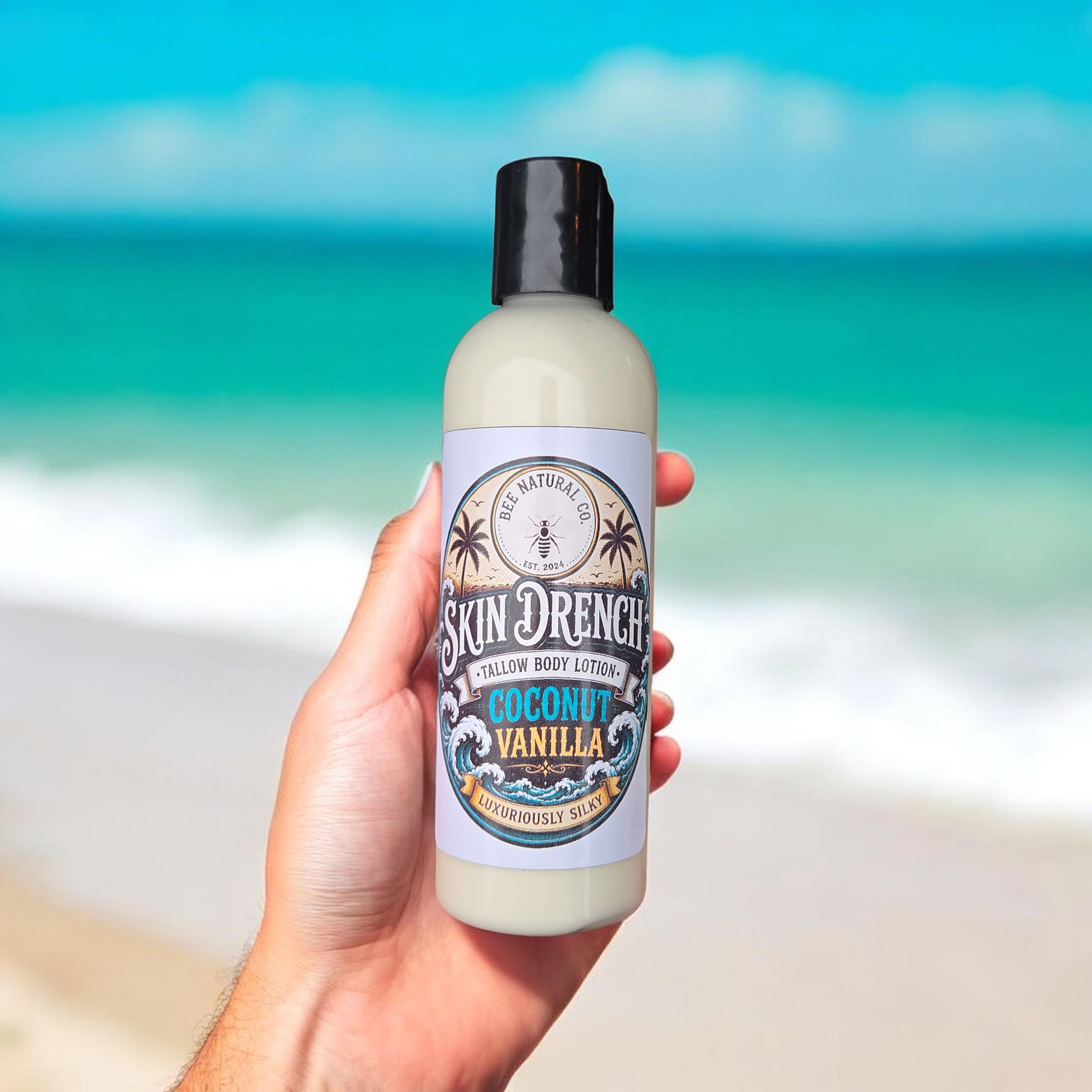 Skin Drench tallow body lotion with sun protection, coconut, and vanilla
