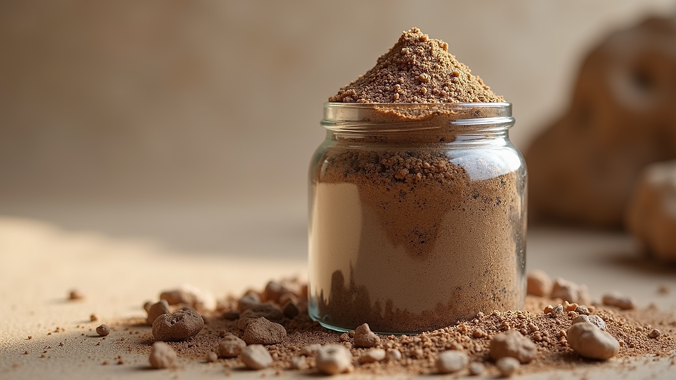 Eye-level view of a jar of Dead Sea mud with natural minerals
