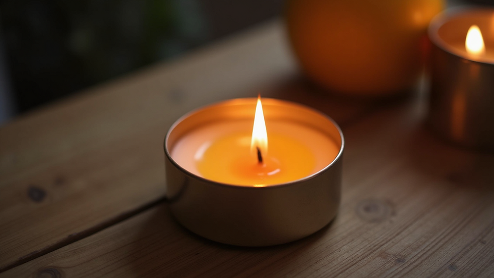 Close-up view of a handmade candle with a flickering flame on a wooden table