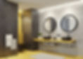 Modern bathroom with yellow floor, dual black basins on a wooden shelf, and circular mirrors