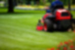 Gardener in cutting grass with lawnmower