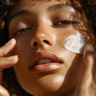 Eine Nahaufnahme einer Frau, die sich sinnlich eine weiße Creme auf der Wange verteilt.