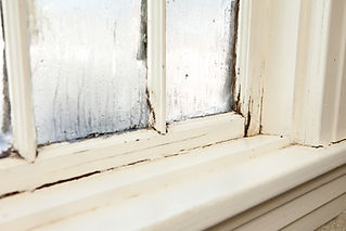 Painted wooden window frame showing moisture damage, peeling paint, and decay
