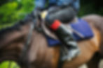 Close up of a rider wearing black riding boots, sitting on a bay horse