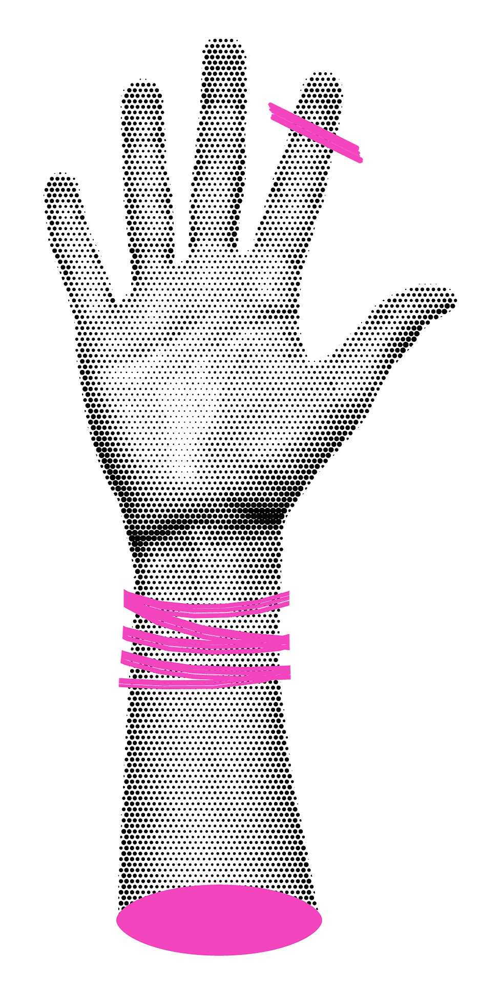 Stylized black halftone hand on white background, with pink marks around the wrist and one finger.