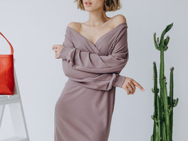 Woman wearing mauve dress poses near cactus and ladder, PRODUCTS My Site 1