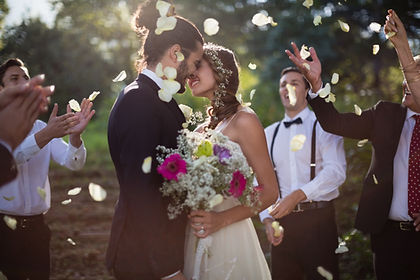 Bride, groom and guests after wedding ceremony
