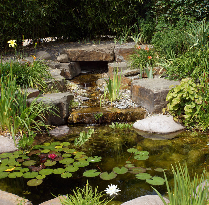 Small waterfall cascades into a serene garden pond with water lilies and rocks.