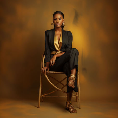 Frau sitzt selbstbewusst auf einem Stuhl - Symbol für Selbstermächtigung, innere Stärke und persönliche Klarheit.