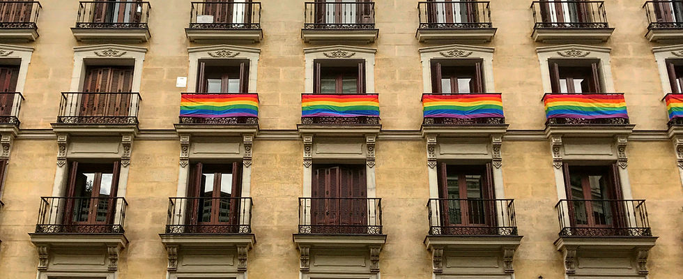 Building Decorated with Flags
