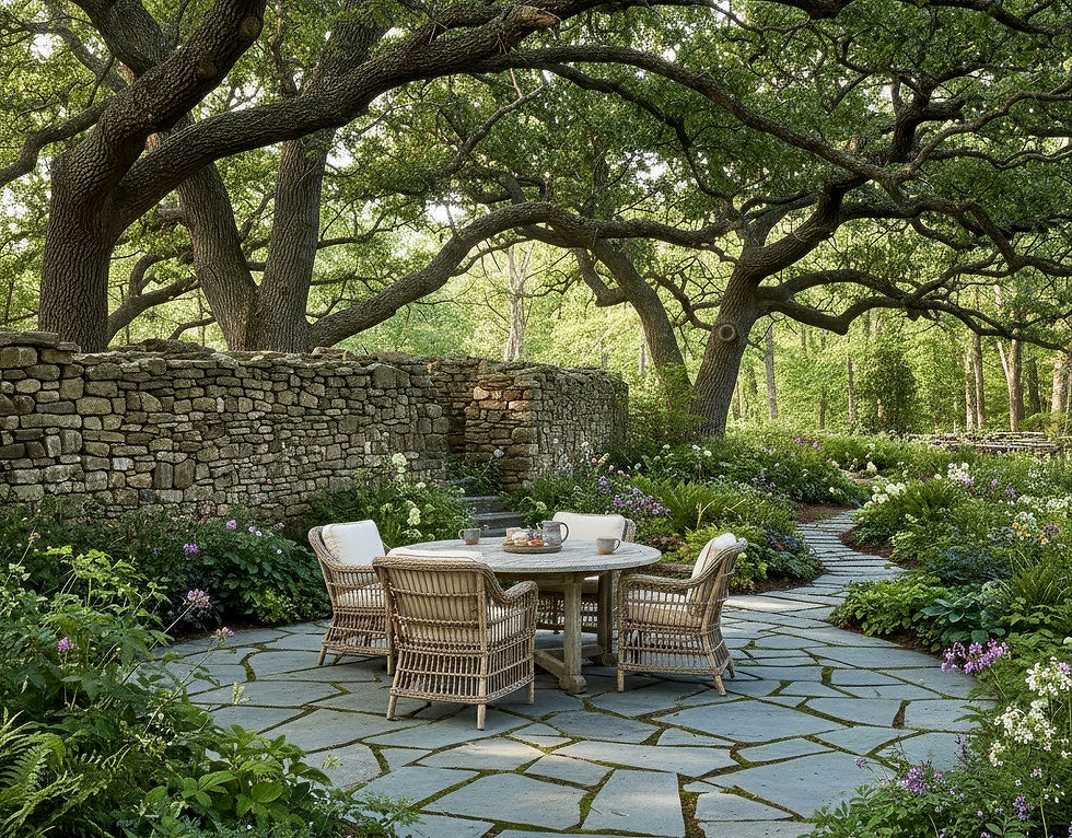 Wicker chairs around a round wooden table with tea set in a lush garden. Stone path and wall under large trees create a serene atmosphere.