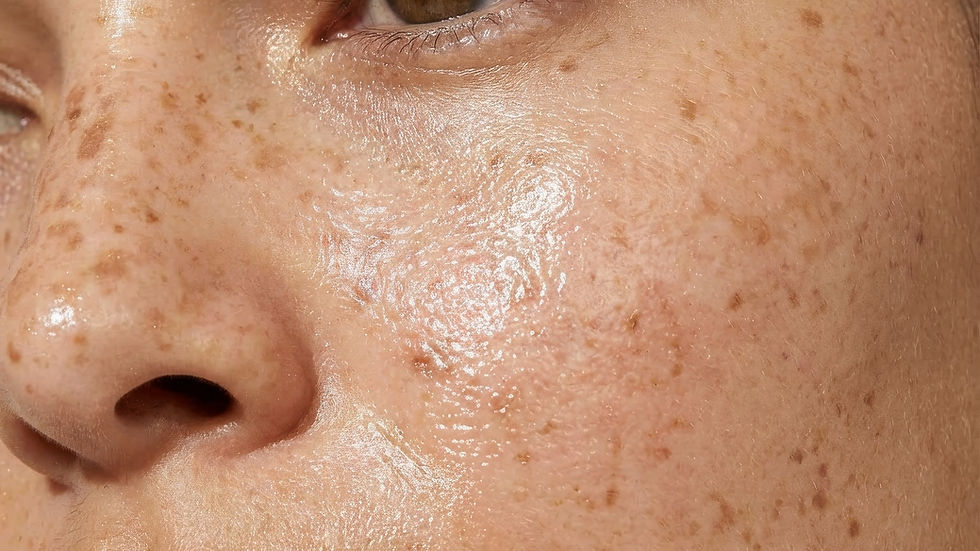 Close-up view of skin showing pigmentation spots caused by sun exposure