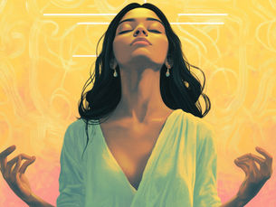 a spiritual woman who looks as though she's meditating and at peace with a yellow background